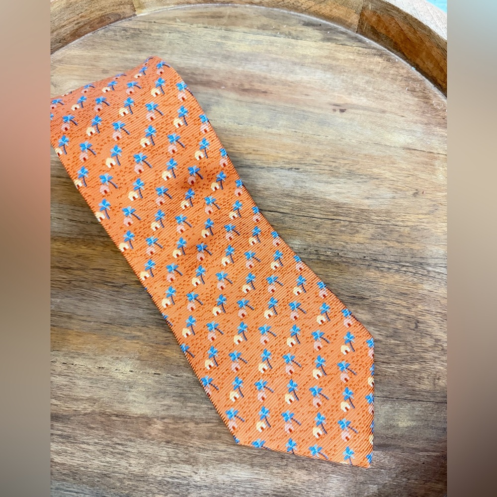 Tommy Hilfiger Orange Blue Tie with Palm Trees and Huts Italian Silk Made in USA